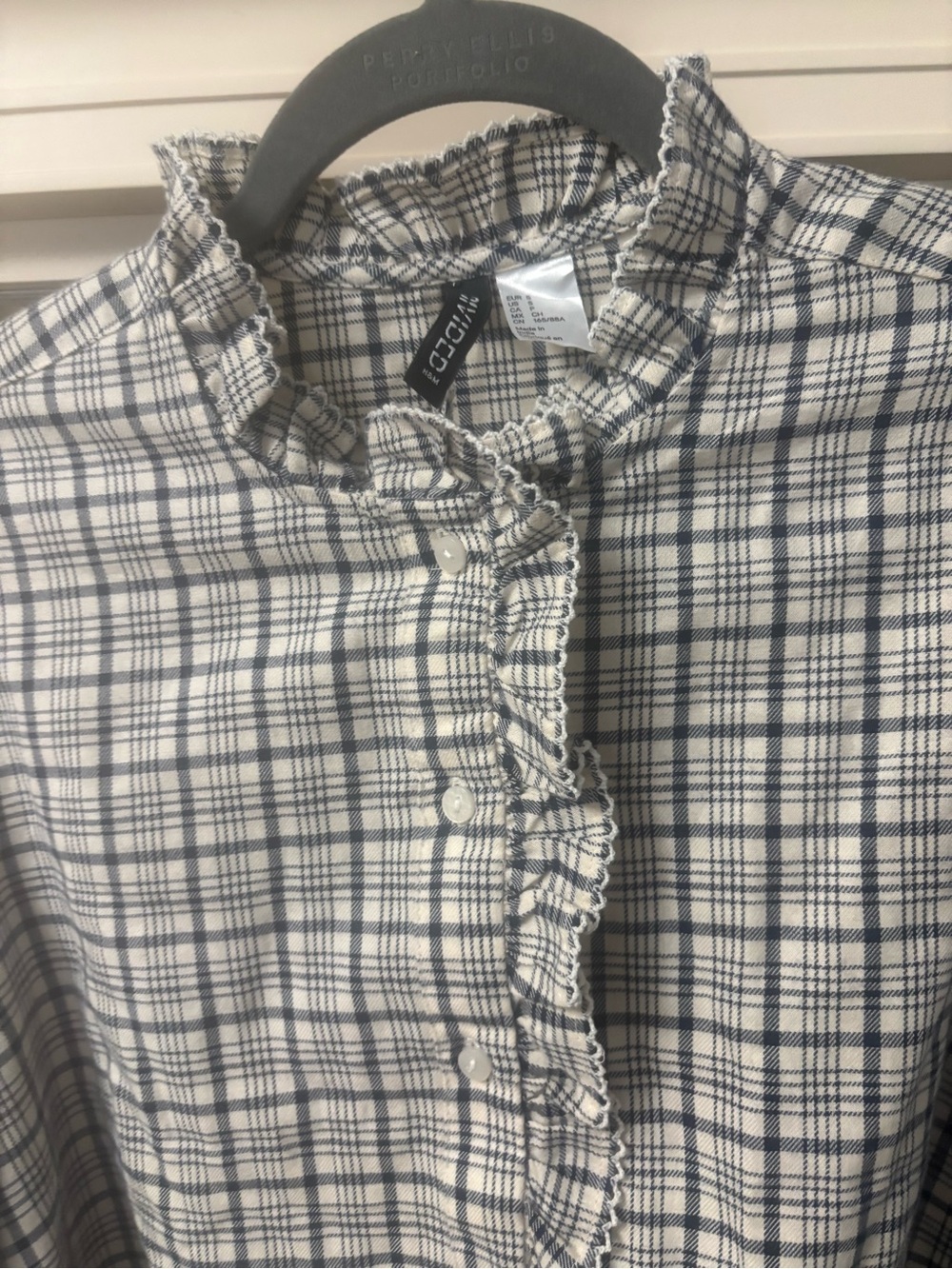 H&M Cream and Navy Plaid Ruffle Button-Down Shirt
